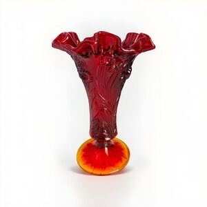Fenton Glass Ruby Red Amberina Stretch Vase Flowers Ruffled Tulip Orange Glows